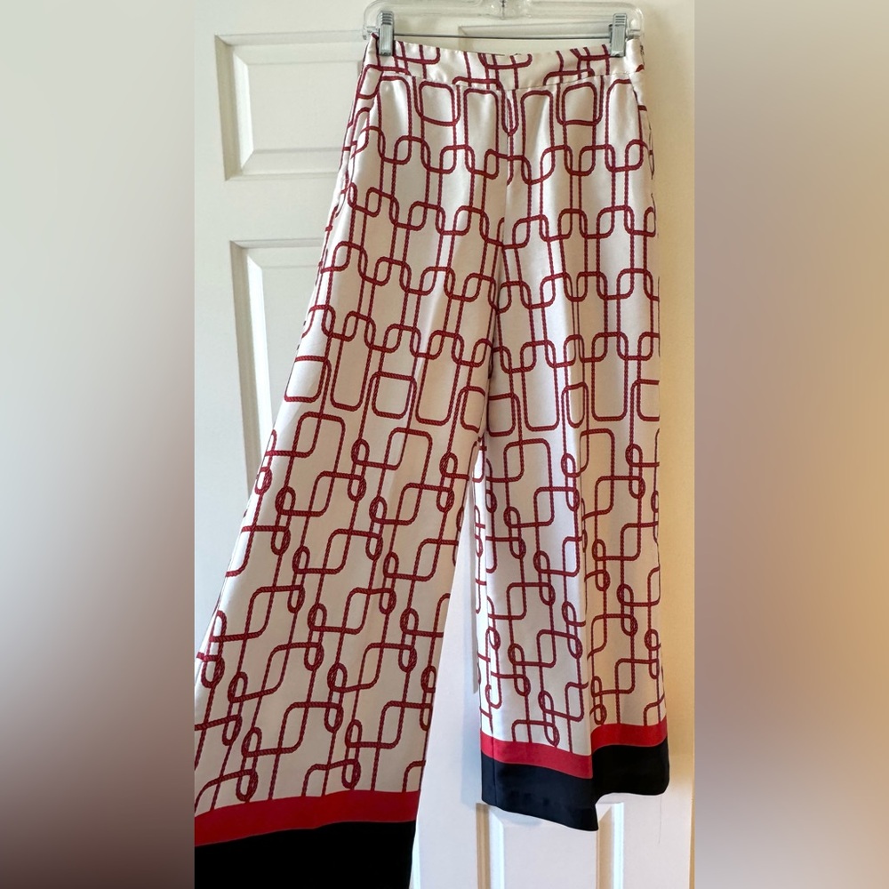 Zara Scarf-like Nautical Red Knot & Navy Trim Wide-Leg Pants